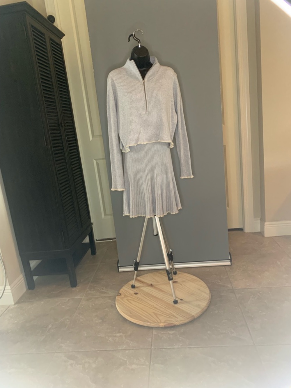 Light Gray Ribbed Knit Mini Dress with Zip Mock Neck